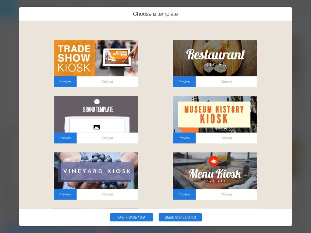 Flow Kiosk template chooser showing ready-made iPad kiosk templates for trade shows, restaurants, museums, and menus